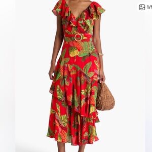 Farm Rio Belted Ruffle Crepe Red Parrot Jungle Print Midi Dress SIZE XL